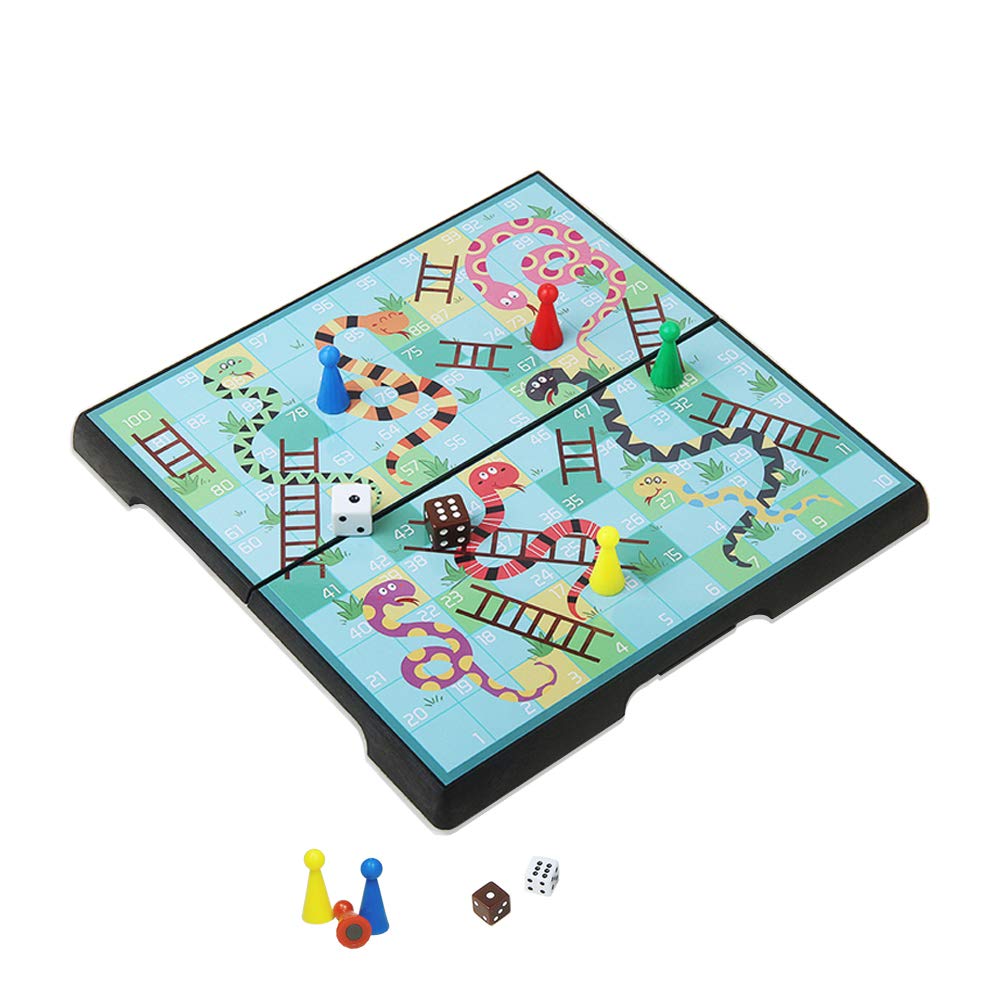 KOKOSUN Snakes and Ladders Board Game Travel Set, Magnetic Folding Board, Traditional Family Fun Game Toys for Kids and Adults