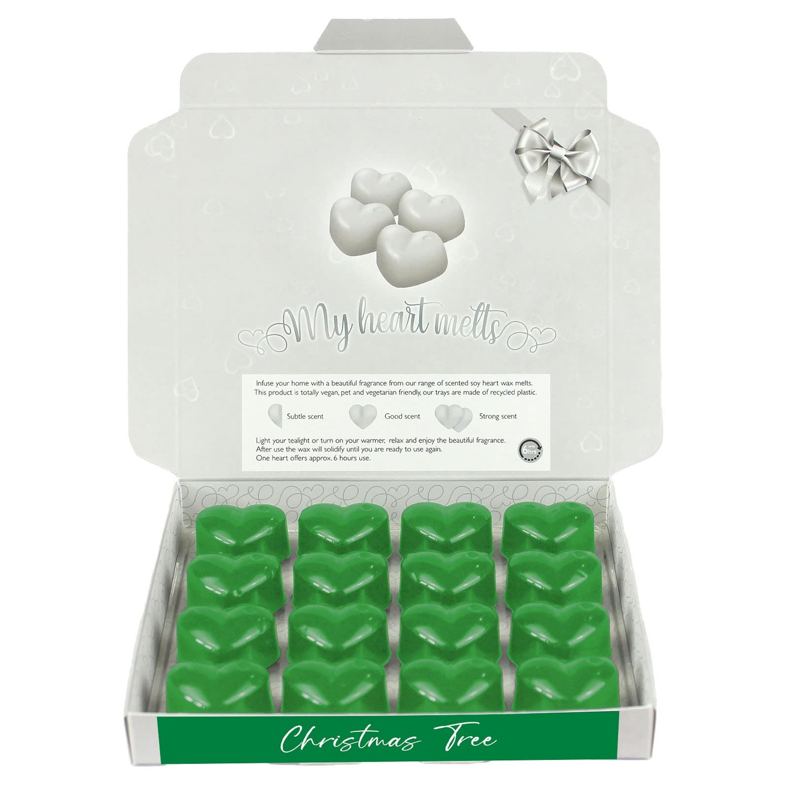 Christmas Tree Wax Melts: 16 x 6g - 100 Hours Burn Time PCS Christmas Tree Heart Shaped Scented Wax Melts in a Presentation Gift Box