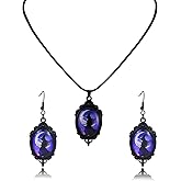 Starwo Halloween Witch Jewelry Set for Women Witch Cameo Earrings Necklace Set Goth Crystal Bat Raven Earring Necklaces Gothic Mystic Victorian Earring Halloween Costume Jewelry Accessories