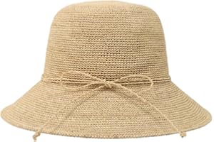 AMOFIA Women's Raffia Straw Hat Summer Beach Bucket Hat Handmade Natural Raffia Woven Sun Hats Foldable Floppy Cap