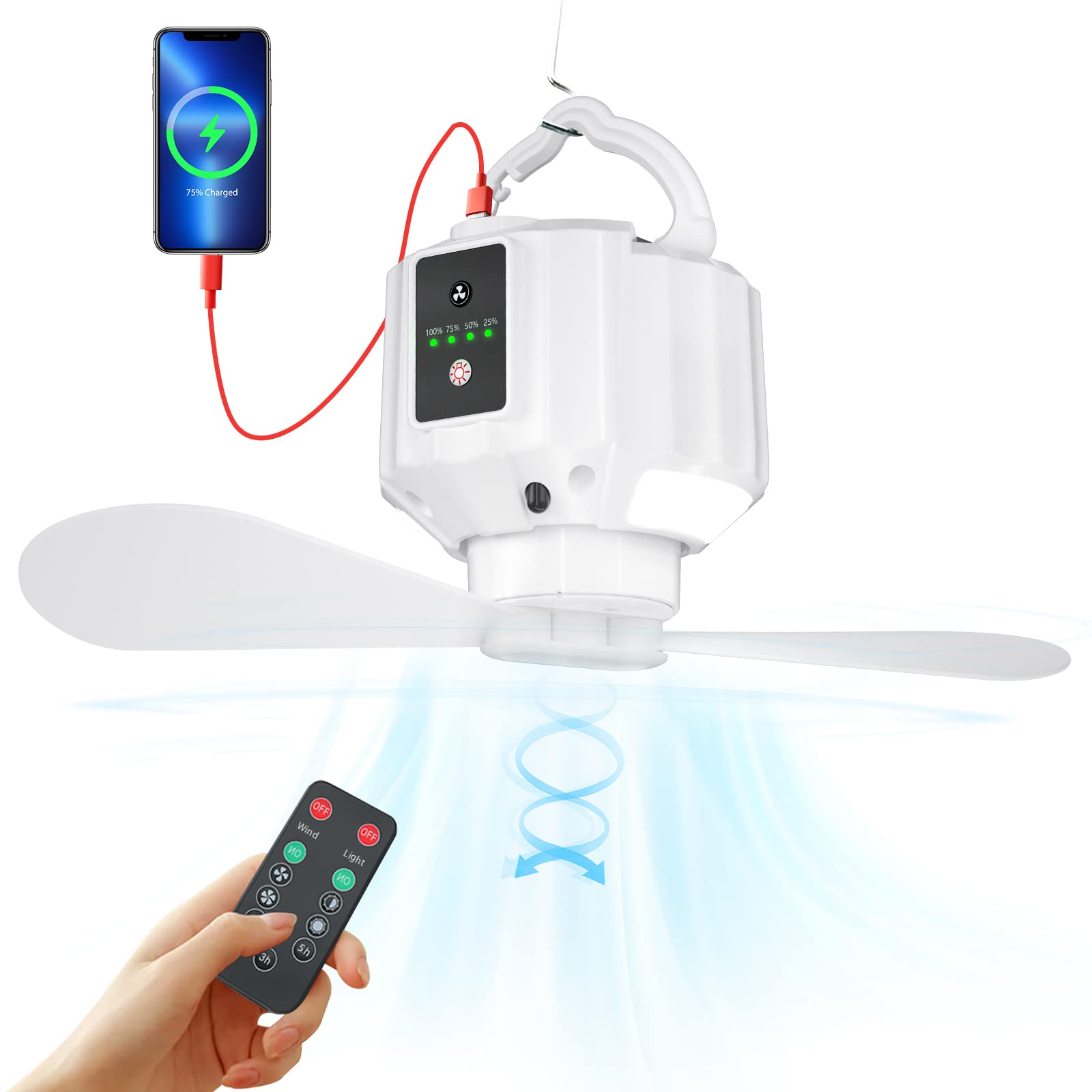 Wastou Camping Fan with LED Lantern,5200mAh USB Rechargeable Camping Fan for Tents, 5-20-hour Working time, Remote Control, Detachable Fan Blades, Timer, for Picnics, Travel, Emergency (X15-White)