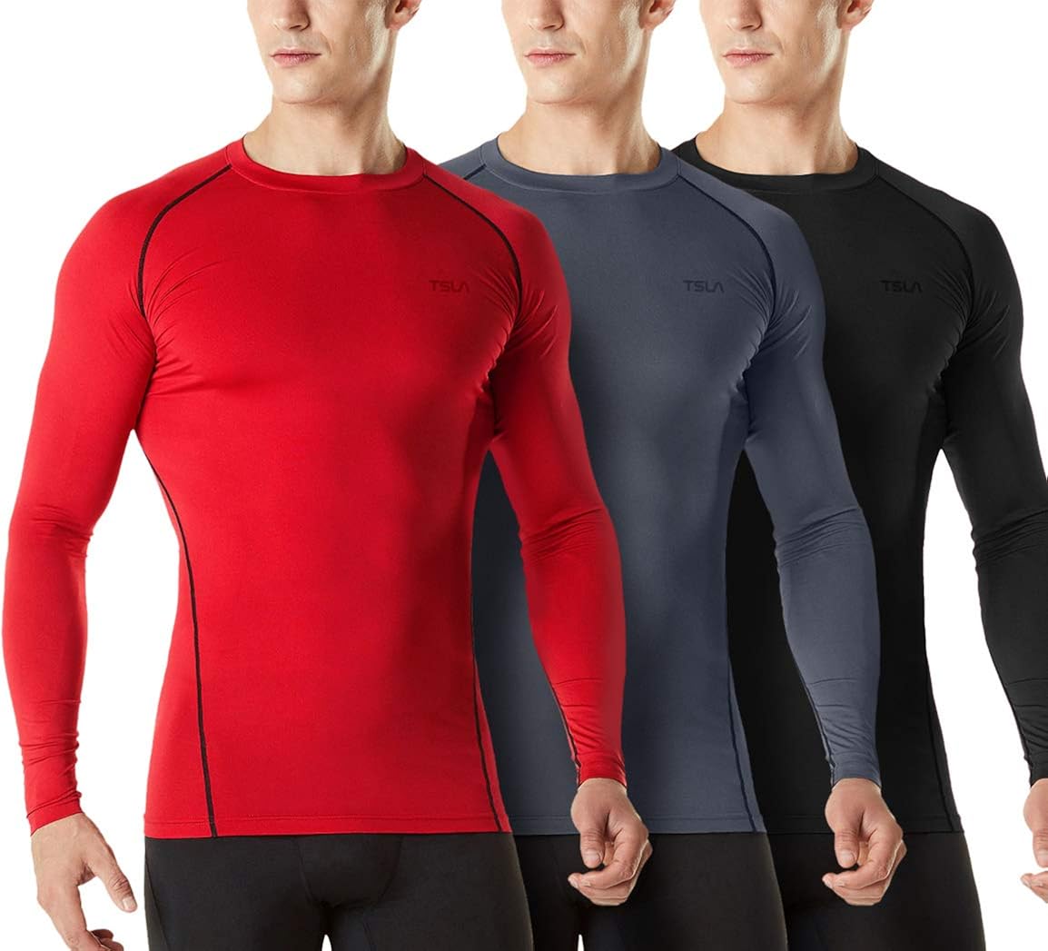 TSLA Men's Cool Dry Fit Long Sleeve Compression Shirts, Athletic
