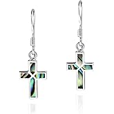 AeraVida Mini Cross Inlaid Stone .925 Sterling Silver Dangle Earrings