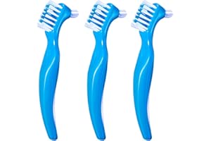 HRASY 3 Pieces Premium Denture Cleaning Brush Set with Multi-Layered Bristles & Ergonomic Rubber Handle, Portable Denture Double Sided Brush for False Teeth Cleaning, Blue