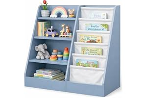 Kids Book Shelf and Toy Storage Organizer, MDF Construction, 35.2 x 15.7 x 31.5 Inches, Soft and Hard Shelves for Easy Access