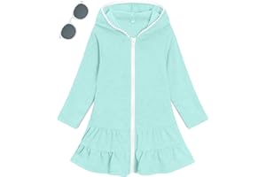 Girls Swim Cover up Terry Cloth Long Sleeve Towel Hoodie Kids Toddler Beach Rash Guard Zipper Swimming Dress Coverup