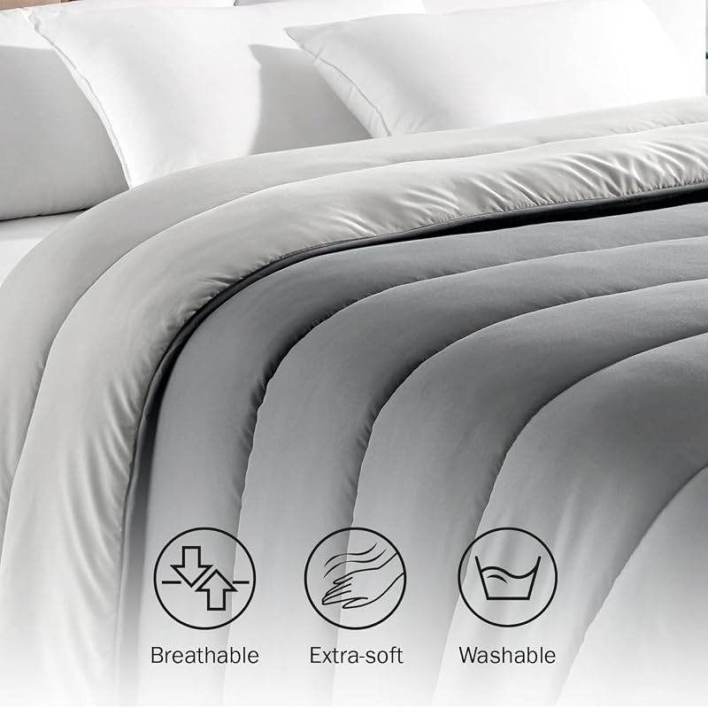 Home - Relleno Nórdico Reversible Fibra 300 gr - Edredón Cama 100/105 - Tacto Pluma, Cálido, Transpirable, Color Gris Claro/Gris Natural, 180 x 220 cm