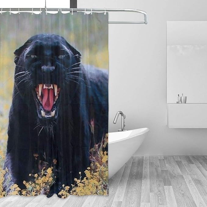 GREATN Fierce Black Leopard Cat Shower Curtain Sets with 12