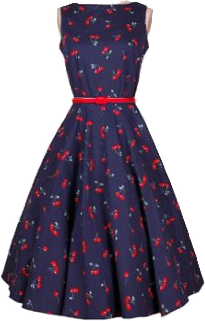Amazon Co Jp Fu Hrd レディース さくらんぼ柄 ワンピース 赤いベルト付き ヴィンテージ風 フレアワンピース L 服 ファッション小物