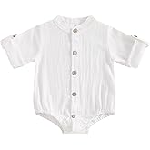Karuedoo Newborn Baby Boy Clothes Cotton Linen Shirt Bodysuit Button Up Roll Up Long Sleeve Romper Jumpsuit One-Piece Outfit