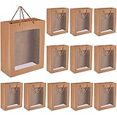 BENECREAT 16PCS Brown Paper Gift Bags with Transparent Window, 10.2x4.8x12.6inch Kraft Shopping Bags, Tote Gift Paper Bags for Bouquet Birthdays Party Weddings Wrapping Christmas