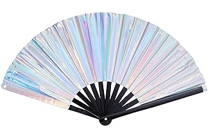 TOWNUS Large Folding Fan Rave Hand Fan Chinese Kung Fu Tai Chi Craft Fan for Men Women Wedding Festival Birthday Party Decorations Dance Performance (1, Laser - White)