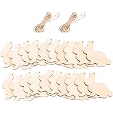 PRETYZOOM 20pcs Easter Decoration Bunny Cutouts 3.1" x 3.5" Unfinished Wood Hanging Pendants with Rope Easter Day DIY Party Decoration Supply