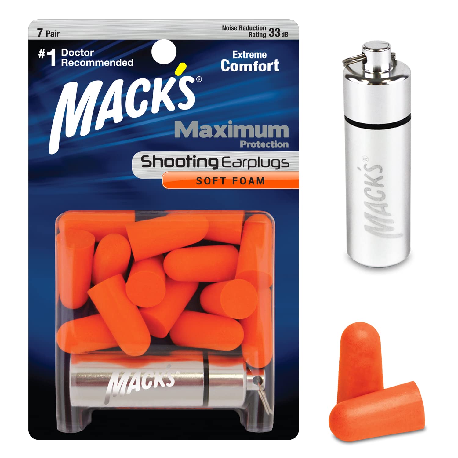 Mack's Maximum Protection Soft Foam Shooting Ear Plugs - 7 Pair Plus Travel Case, 33 dB Highest NRR – Comfortable Earplugs for Hunting, Tactical, Target, Skeet and Trap Shooting | Made in USA