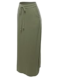 A2Y Drawstring Waist Side Pockets Rayon Maxi Skirt