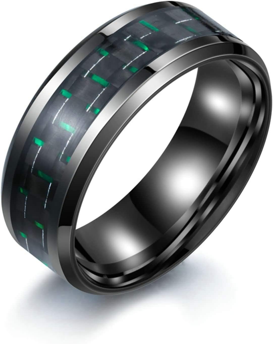 Aooaz Men's Stainless Steel Rings Men Carbon Fiber Ring Green Retro Wedding Band