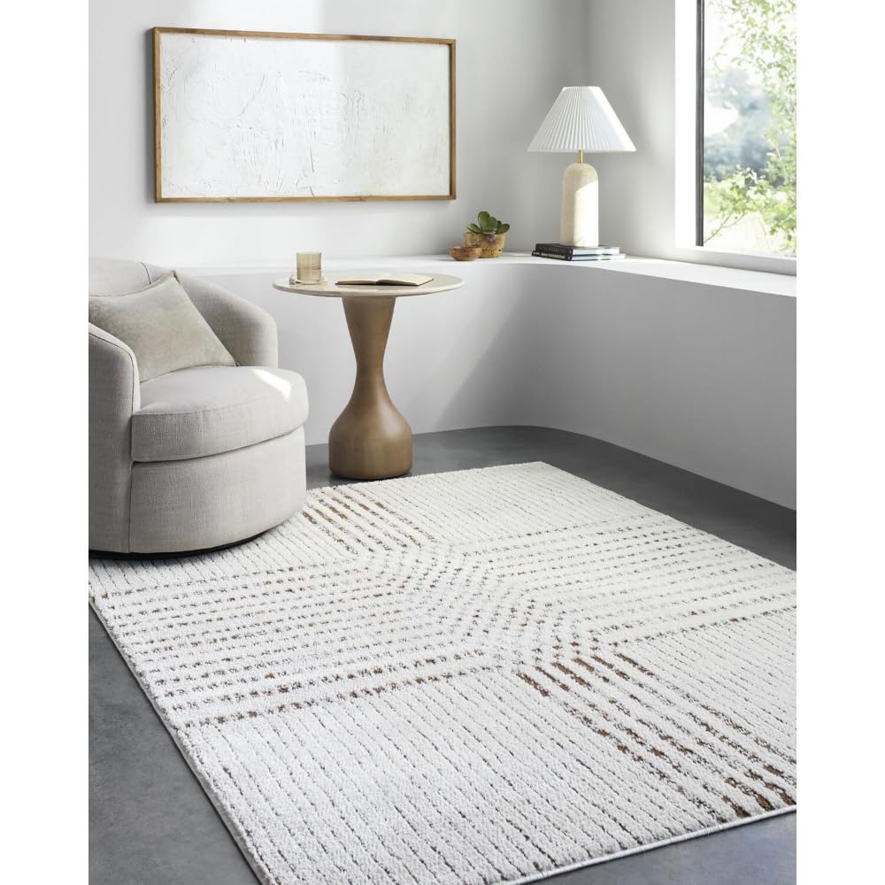 Livabliss x Galey Alix Architect IV Modern Geometric Area Rug, 6’7″ x 9′ (7′ x 9′), Ivory/Dark Brown Stripe