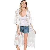 Anna-Kaci Womens Cover Up Long Embroidered Lace Kimono Cardigan with Half Sleeves