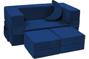 Elftopia Modular Kids Sofa,Toddler Couch Foam Armchair for Kids, Children Convertible Plush Sofa Play Set,Fold Out Sofa Bed(Navy)