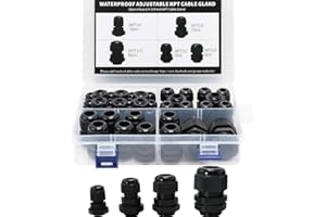 MAKERELE NPT Cable Glands Kit Waterproof Adjustable Nylon 1/4” 3/8” 1/2” 3/4” Plastic Strain Relief Cord Connectors 38pcs Black With Gaskets