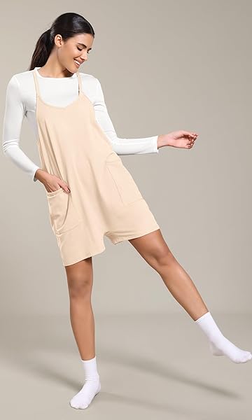 ODODOS WOMEN’S COTTON SOFT ROMPER WITH POCKETS RACERBACK ONE PIECE OUTFIT SHORT JUMPSUITS (SHIRTS NOT INCLUDED), BEIGE, MEDIUM