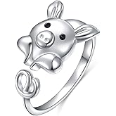 FLYOW 925 Sterling Silver Adjustable Animal Rings for Women Lucky Elephant Cute Pig Ring Cat Paw Love Heart Wrap Open Ring Birthday Gifts