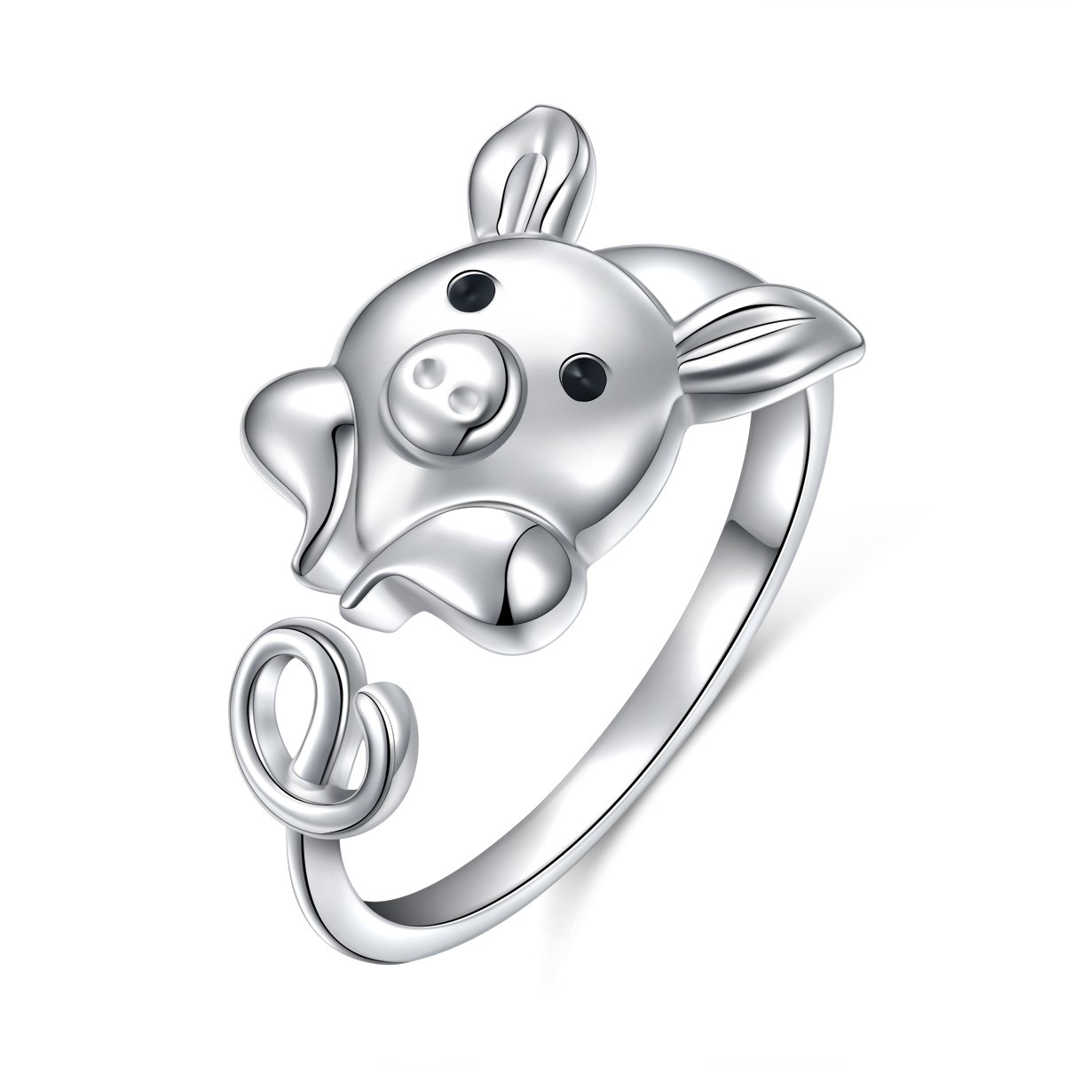 Flyow 925 Sterling Silver Cute Pig Wrap Ring for Women Girls, Open Animal Ring Adjustable Size (Pig)