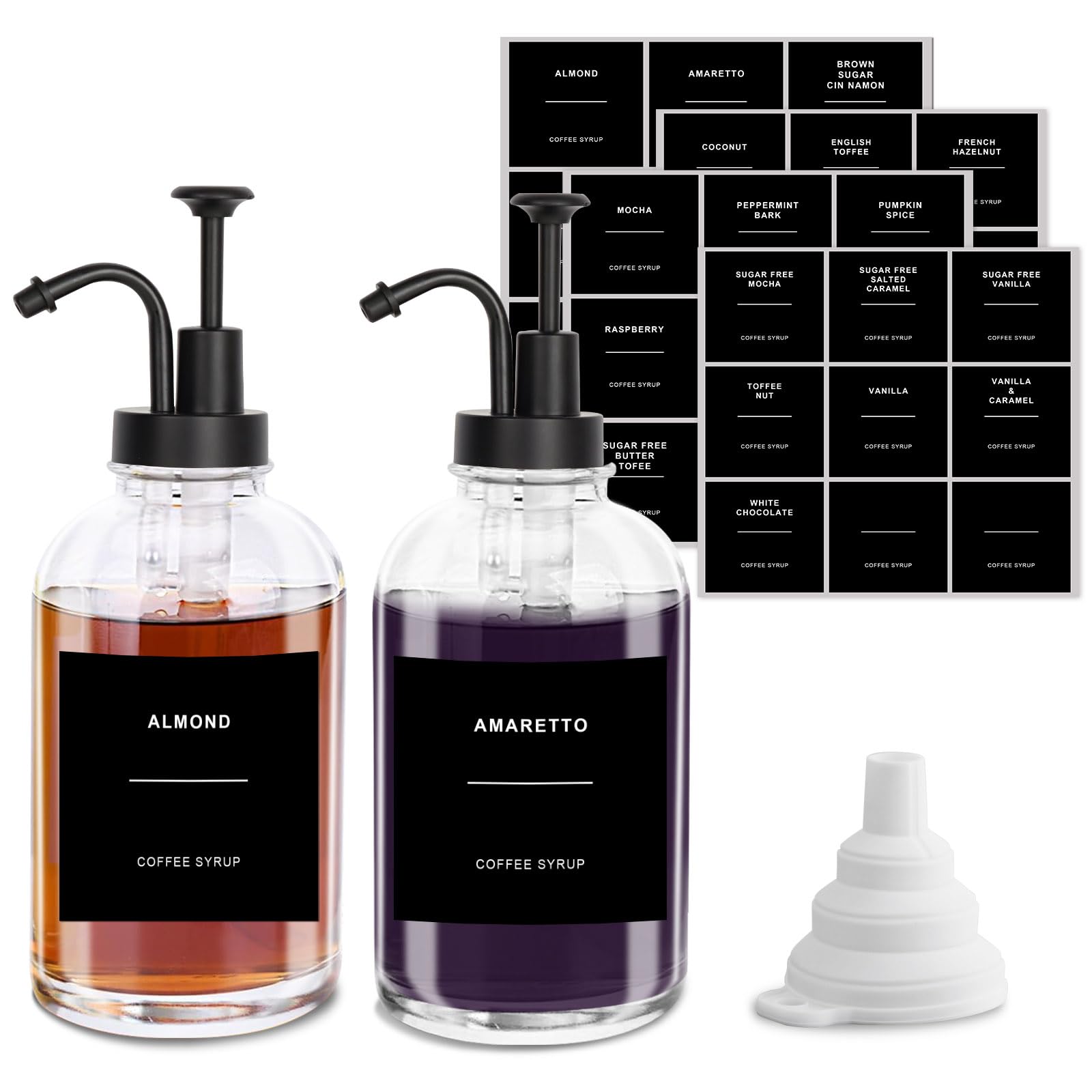 Coffee Syrup Dispenser,Black 500ml/16.9 oz Syrup Dispenser,Set of 2 Glass Pump Bottle with 36 Waterproof Labels and Funnel&Pump for Kitchen Coffee Bar Accessories