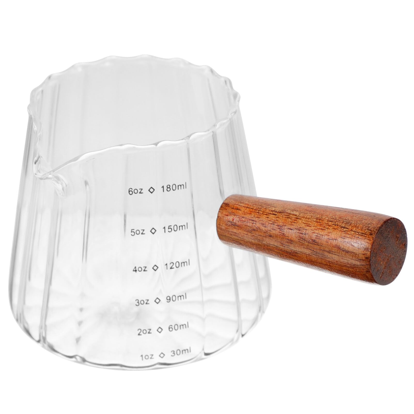 Ciieeo Milk Frothing Pitcher Glass Measuring Cup 6Oz with Wooden Handle Multi-Function Milk Pourer for Coffee Bar Home Baking