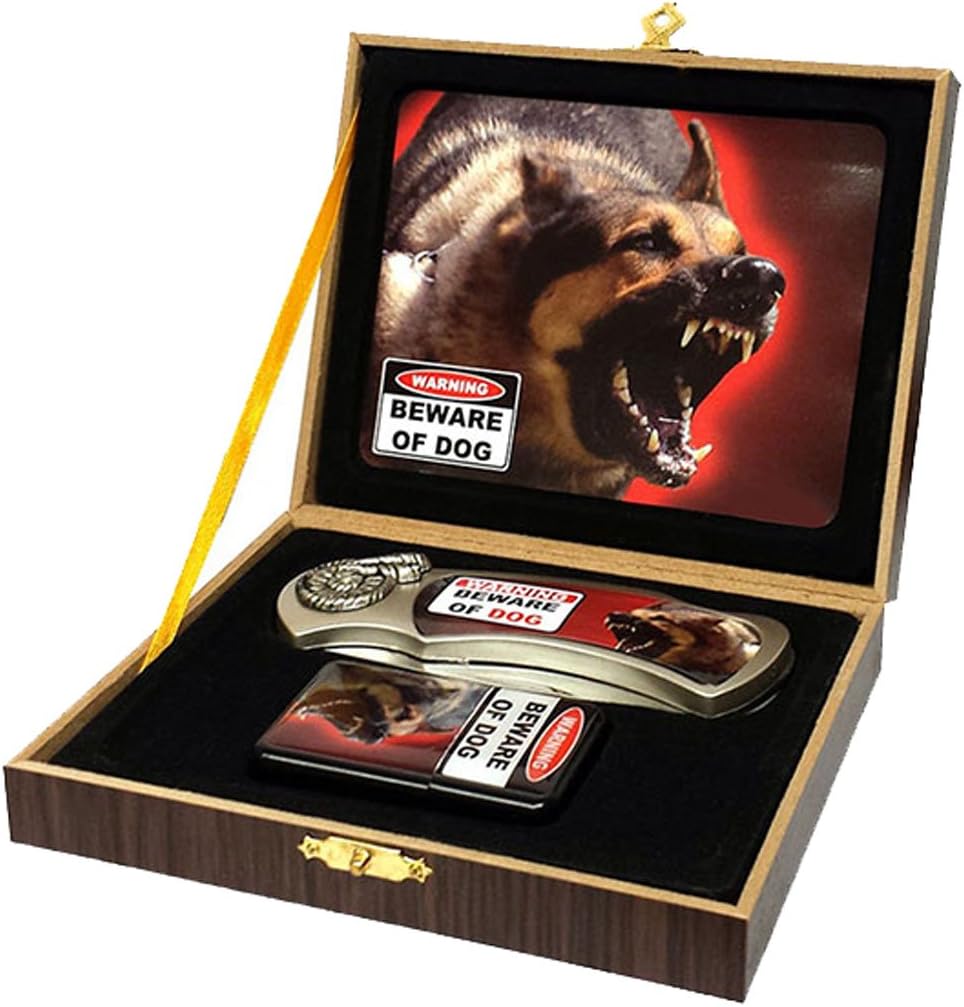 German Shepard Beware of Dog Folding Hunting Knife with Oil Lighter in Collectors Box