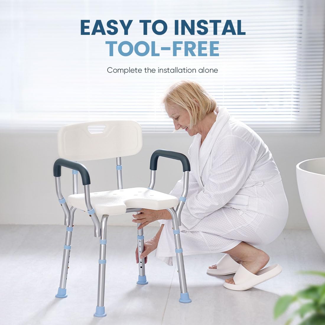 OasisSpace Heavy Duty Shower Chair with Back and Arms 300lb, Bathtub Chair with Handles - Medical Tool Free Shower Cutout Seat for Handicap, Disabled, Seniors & Elderly