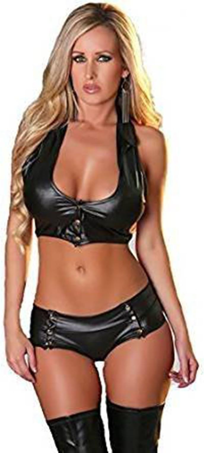 Bridalicious Ladies Faux Leather Bra top Brief Set Wet Look Fetish PVC Biker Chick Crop Top Sexy Erotic 8 10 12 14