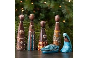 Dear Holidays Small Wooden Tabletop Nativity Set (Colorful Batik Dots 7 pcs)