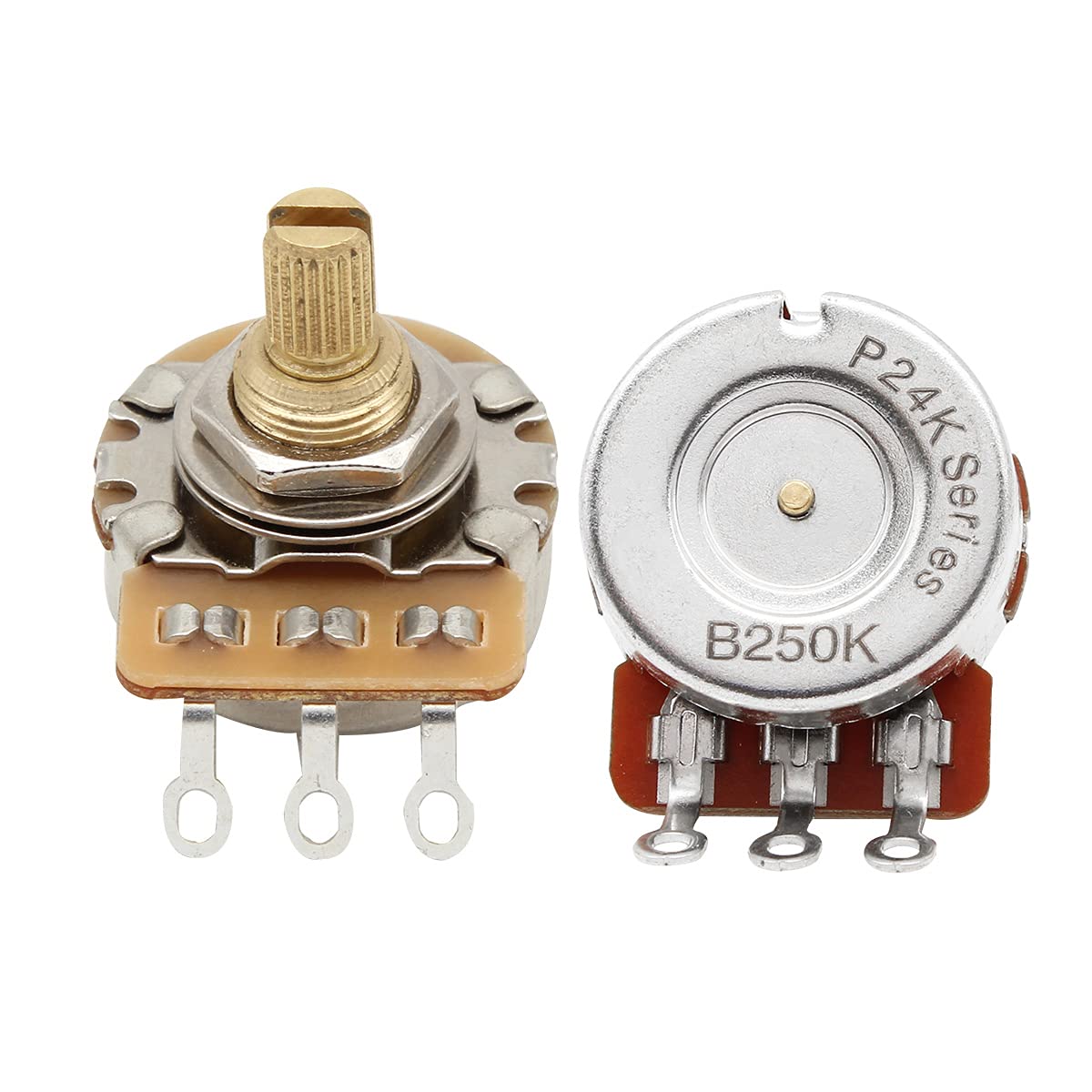 FLEOR Short Brass Shaft Control Pots B250K Linear Taper Potentiometers 24 Spline Split Shaft D3/8" for Electric Guitar Control Volume Tone, Pack of 2