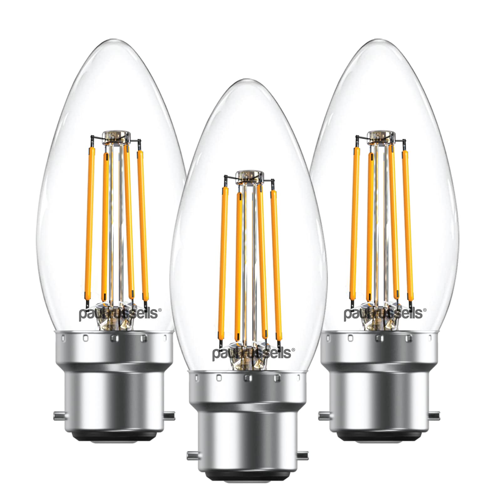 paul russells LED Candle Filament Light – 4.5W 40W Equivalent Replacement, 470LM Lumens, 2700K Warm White, BC B22 Bayonet Cap C35 Bulbs – Bright Energy Saving Non-Dimmable Lamps - Pack of 3