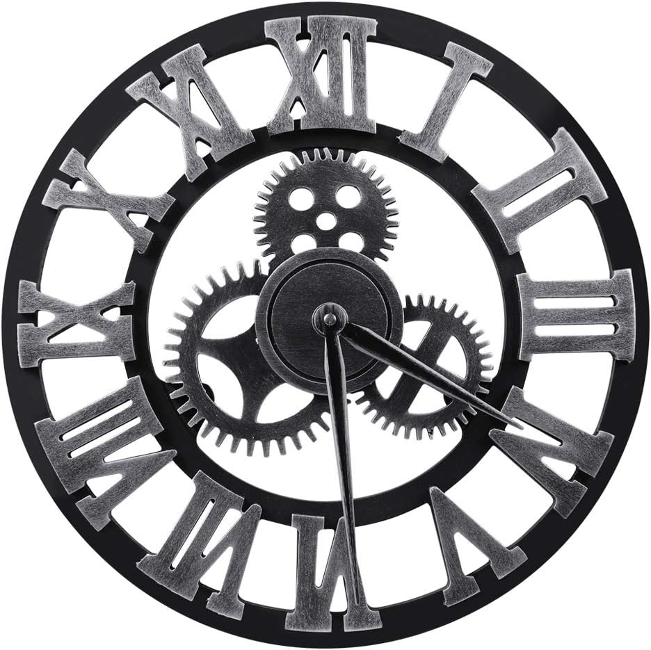 Lucky Monet Large 3D Gear Roman Numeral Wall Clock Antique Wall Clock Retro Round Clock Art Wheel for Living Room, Kitchen, Restaurant, Coffee Shop Décor (12”, Sliver)