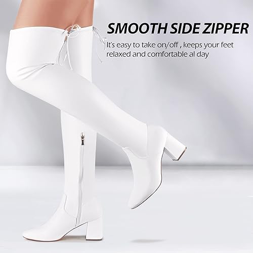 White Thigh High Boots With Block Heel CAMSSOO Thigh High Gogo