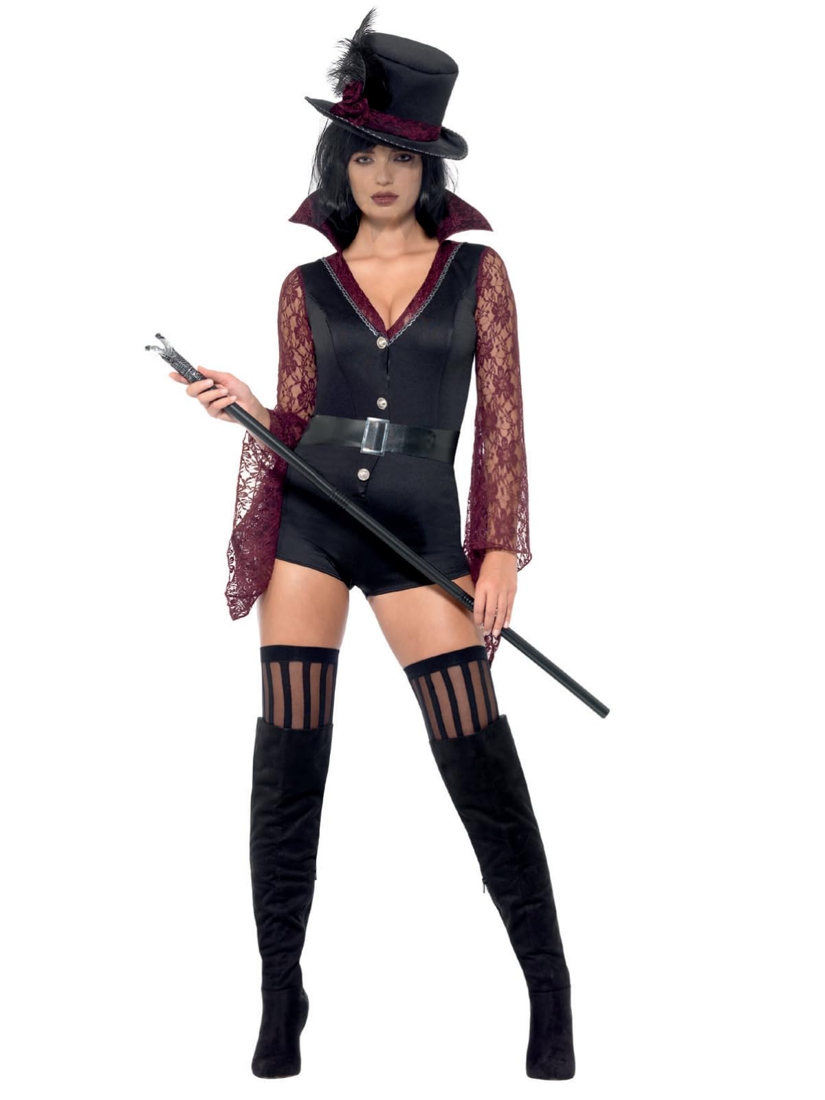 Smiffys Fever Vampire Costume, Black with High Collar Bodysuit, Attached Belt & Hat, Fever Fancy Dress, Vampire Dress Up Costumes