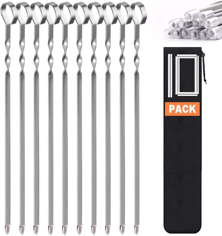 LANNEY Kabob Skewers Flat Metal BBQ Barbecue Skewers Long Stainless Steel Kebob Sticks Reusable Grilling Skewer for Shish Kabob, Meat Shrimp Chicken Vegetables Fruit (15" skewers(10pack))