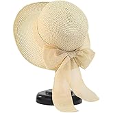 Women Straw Sun Hats Wide Brim Ribbons Roll Up Bucket UPF 50+ Foldable Floppy Sun Hat with Strap UV Protection Summer Beach