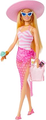 Barbie Blonde Doll with Beach Accessories Pink White Swimsuit Sun Hat Tote