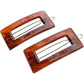 Parcelona French Rectangle Cut Out Brown Small 1 3/4" Celluloid Acetate No Slip Grip Tige Boule Clasp Set of 2 Side Slide In Snap Hair Clip Barrettes for Girls and Women, Made in France