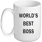 Marlpoly World&rsquo;s Best Boss Mug - 15oz Ceramic Coffee Cup for Office Gifts | Double Sided Ceramic Mugs, Microwave and Dishwasher Safe, White Tea Cups for Boss Day &amp; Coworker Appreciation