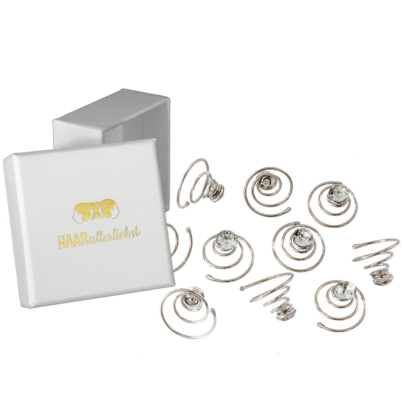 HAARallerliebst Hair Clips with Rhinestones Diamonds (10 Pieces | Silver | 1.5 cm) for Updo Wedding with Box for Storage (Box Colour: White)