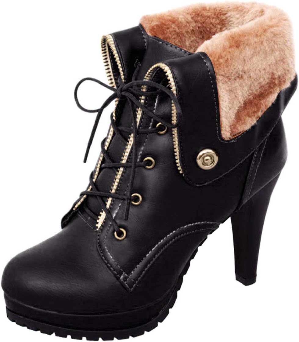 High Heel Ankle Boots for Women Winter Shoes Lace Up Plush Platform Booties (US 9=EU41, Black)