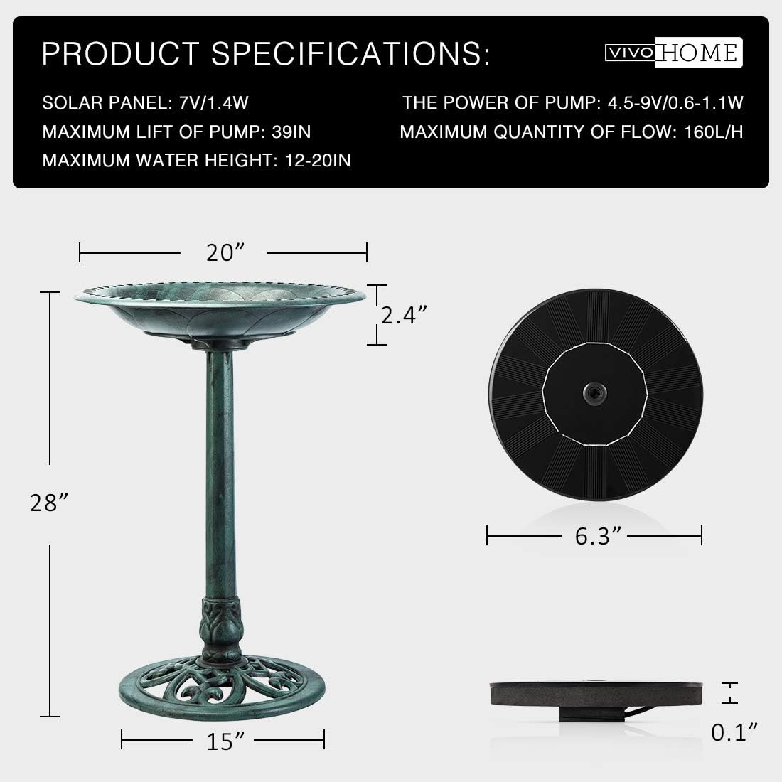 VIVOHOME Polyresin Antique Outdoor Green Garden Bird Bath and Solar Powered Round Pond Fountain Combo Set: Home & Kitchen