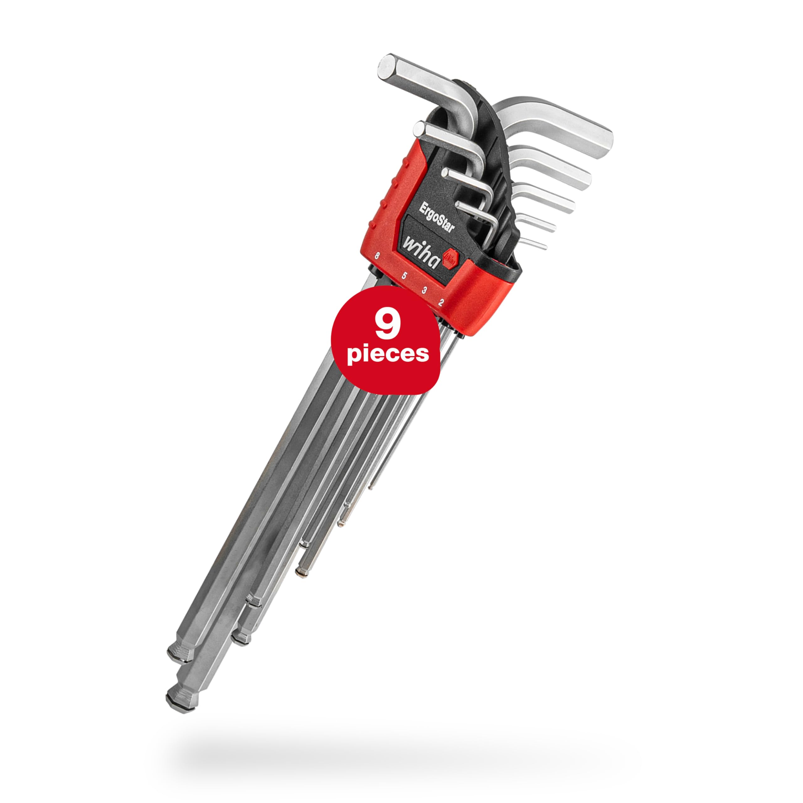 Wiha Stiftschlüssel Set im ErgoStar Halter (43851), Winkelschlüssel Sechskant-Kugelkopf MagicRing®, Innensechskantschlüssel 9-TLG. mattverchromt