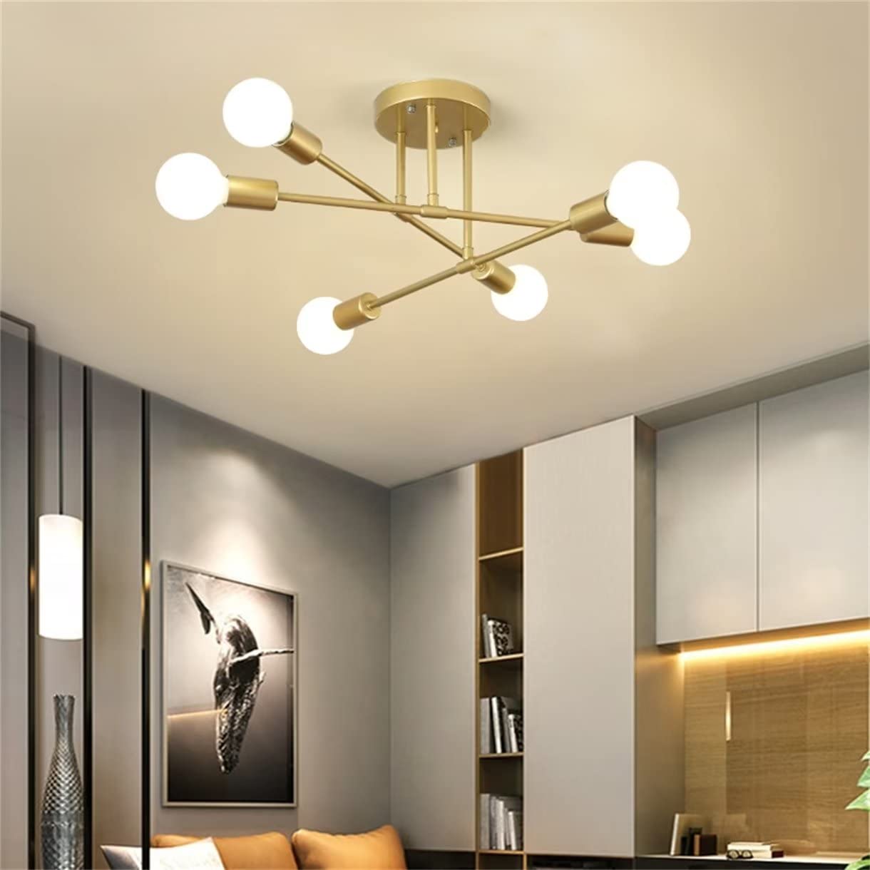 WQCSH Moderne The Minimalist Chandelier Creative Simple Dining Room Living Room Kitchen Office The Bar Decorate Artificial Satellite Modelling Design 6 Heads-(Golden)