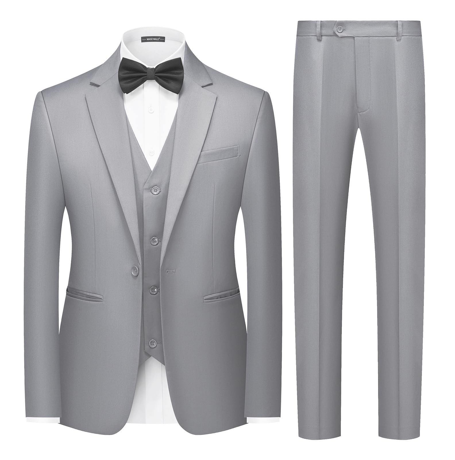 Photo 1 of (bedazzled) (BAGGED) MAGE MALE Men's 3 Pieces Solid One Button Suit Elegant Slim Fit Single Breasted Party Tuxedo Blazer Vest Pants Set Light Grey