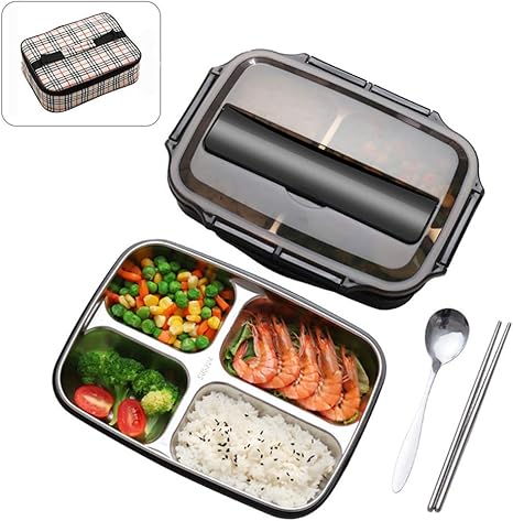 Amazon 漏れ防止のお弁当箱 304ステンレス製のbpaフリーで食品に安全な素材 を使用した1000mlのランチボックス多目的な4コンパートメントのお弁当スタイルのランチボックス 弁当用箸 カトラリー オンライン通販